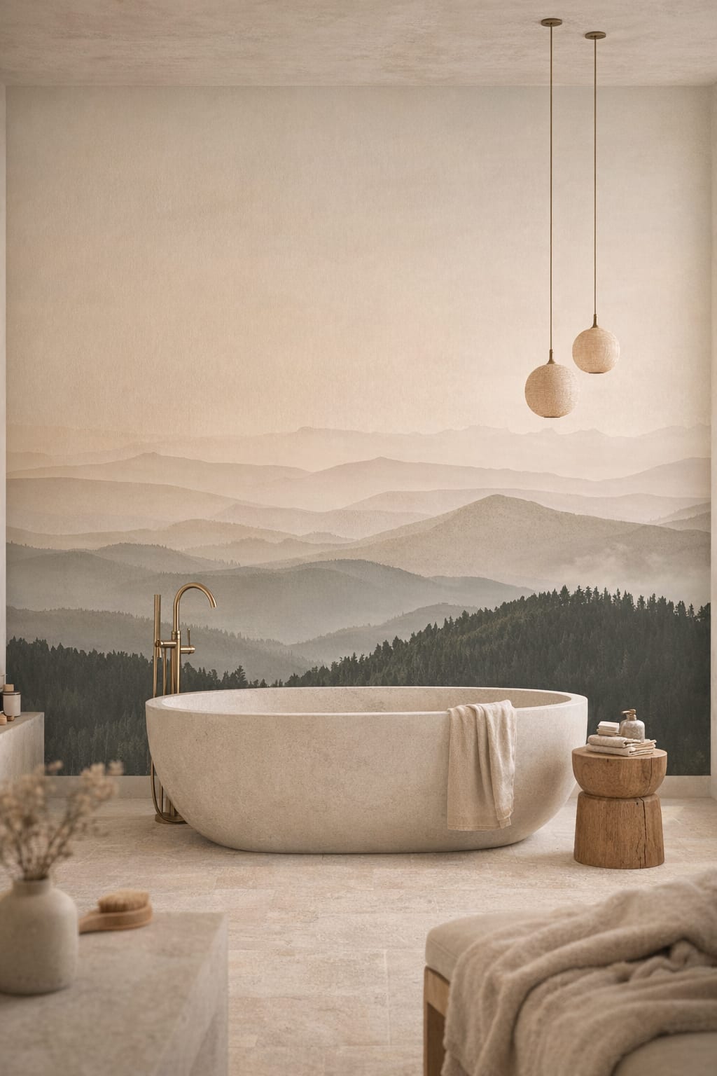 Wabi-sabi earthy mountain landscape featuring morning mist - Wall Mural Peel and Stick Wallpaper for Wabi-sabi Luxury Bathroom.