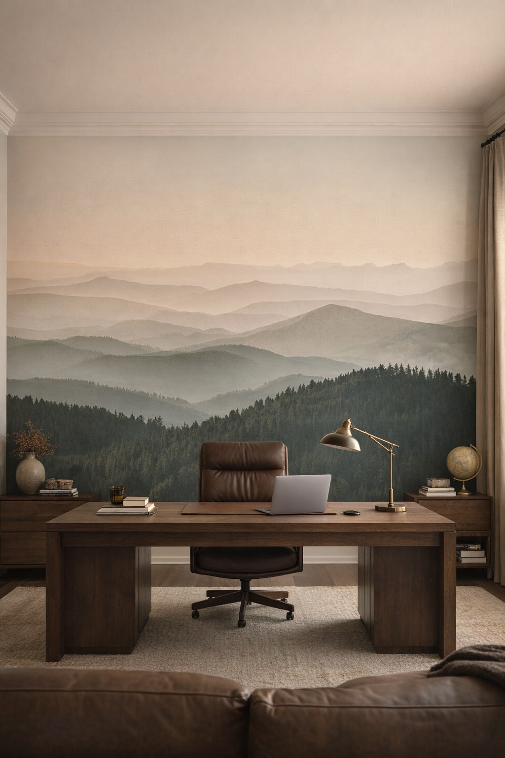 Rustic Modern sand-charcoal mountain landscape featuring morning mist - Wall Mural Peel and Stick Wallpaper for Rustic Modern Executive Home Office.