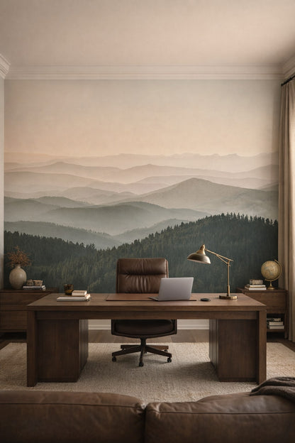 Rustic Modern sand-charcoal mountain landscape featuring morning mist - Wall Mural Peel and Stick Wallpaper for Rustic Modern Executive Home Office.