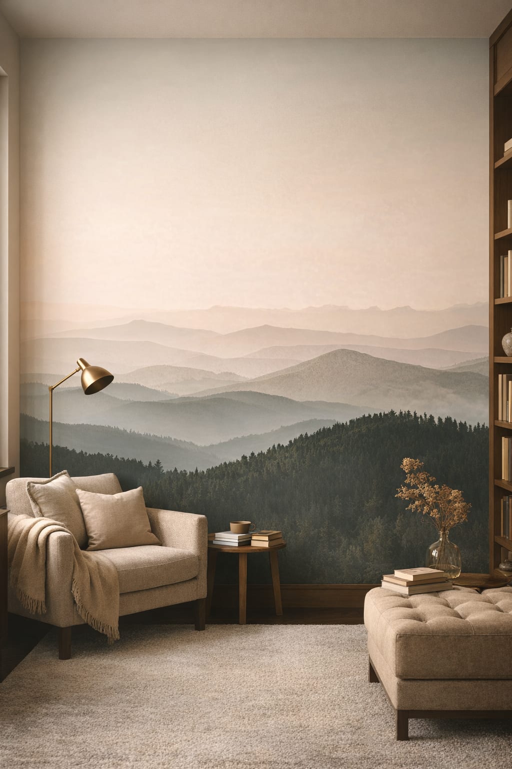 Quiet Luxury greige mountain landscape featuring morning mist - Wall Mural Peel and Stick Wallpaper for Quiet Luxury Reading Room.
