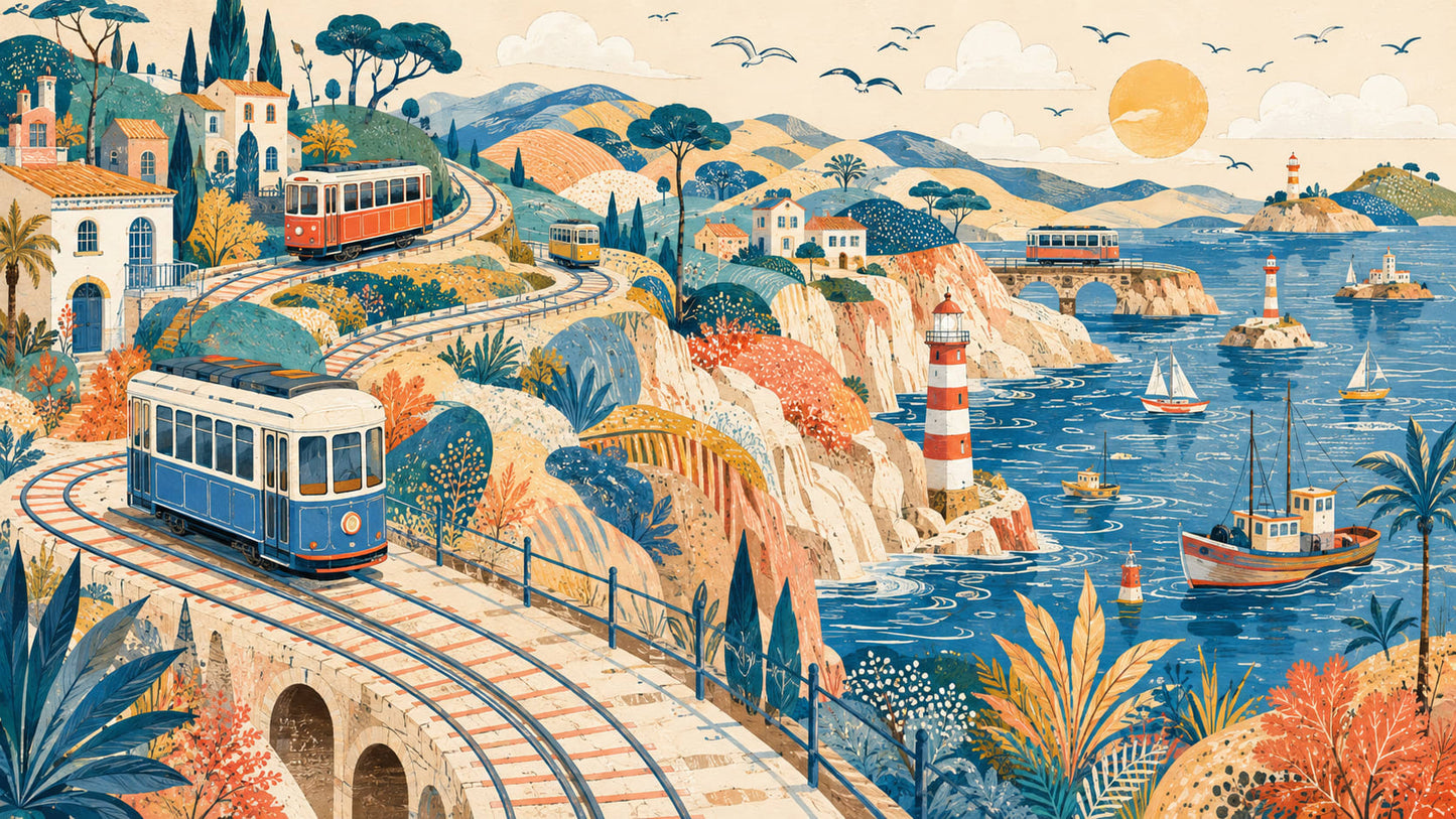 Cinematic nostalgic Teal Blue coastal trains featuring Mediterranean coast, lighthouses, and sailboats - Wall Mural & Peel and Stick Wallpaper for Illustrated Interiors and Premium Home Styling