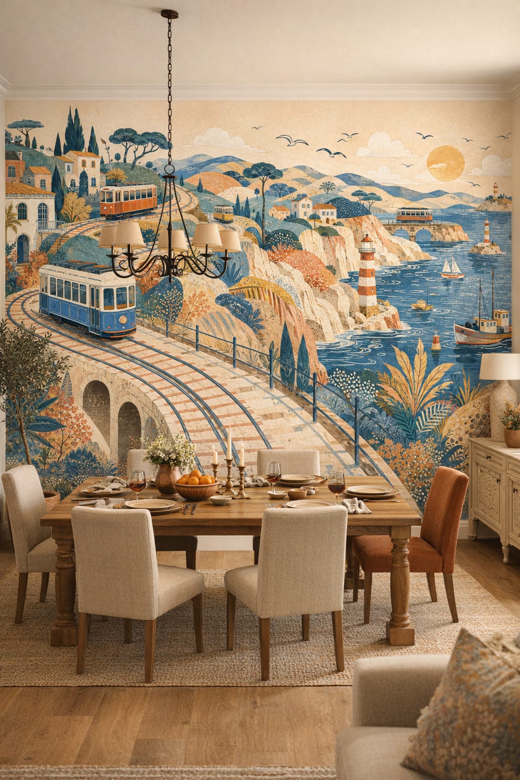 Blue terracotta coastal trains featuring lighthouses - Wall Mural Peel and Stick Wallpaper for Mediterranean Formal Dining Room.