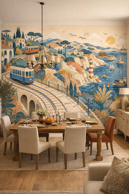 Blue terracotta coastal trains featuring lighthouses - Wall Mural Peel and Stick Wallpaper for Mediterranean Formal Dining Room.