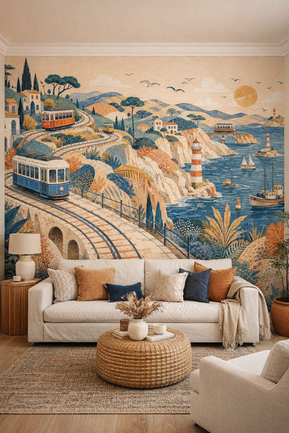 Blue-sand coastal coastal trains featuring lighthouses - Wall Mural Peel and Stick Wallpaper for Coastal Living Room.
