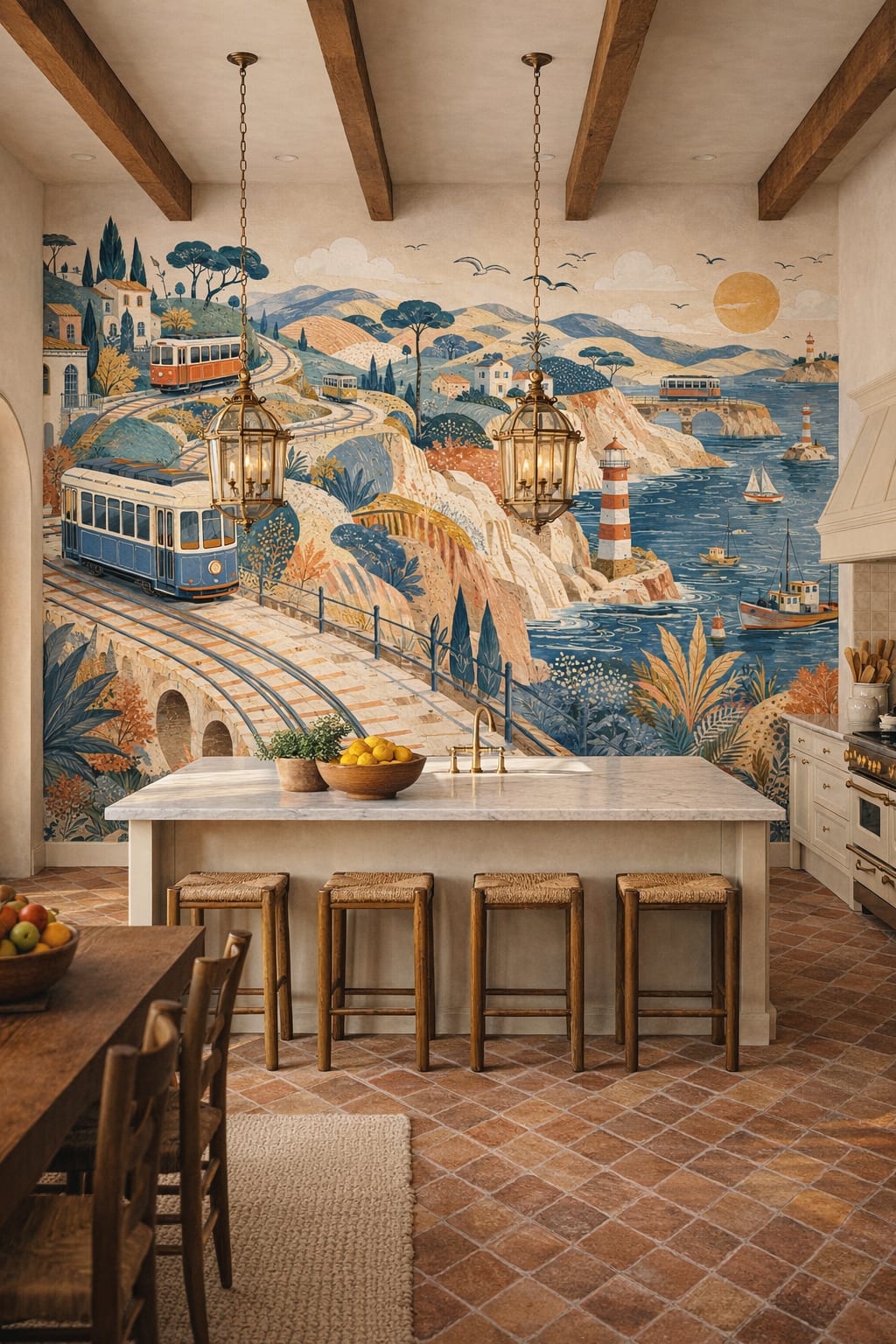 Terracotta Spanish Colonial coastal trains featuring lighthouses - Wall Mural Peel and Stick Wallpaper for Spanish Colonial High-end Kitchen.