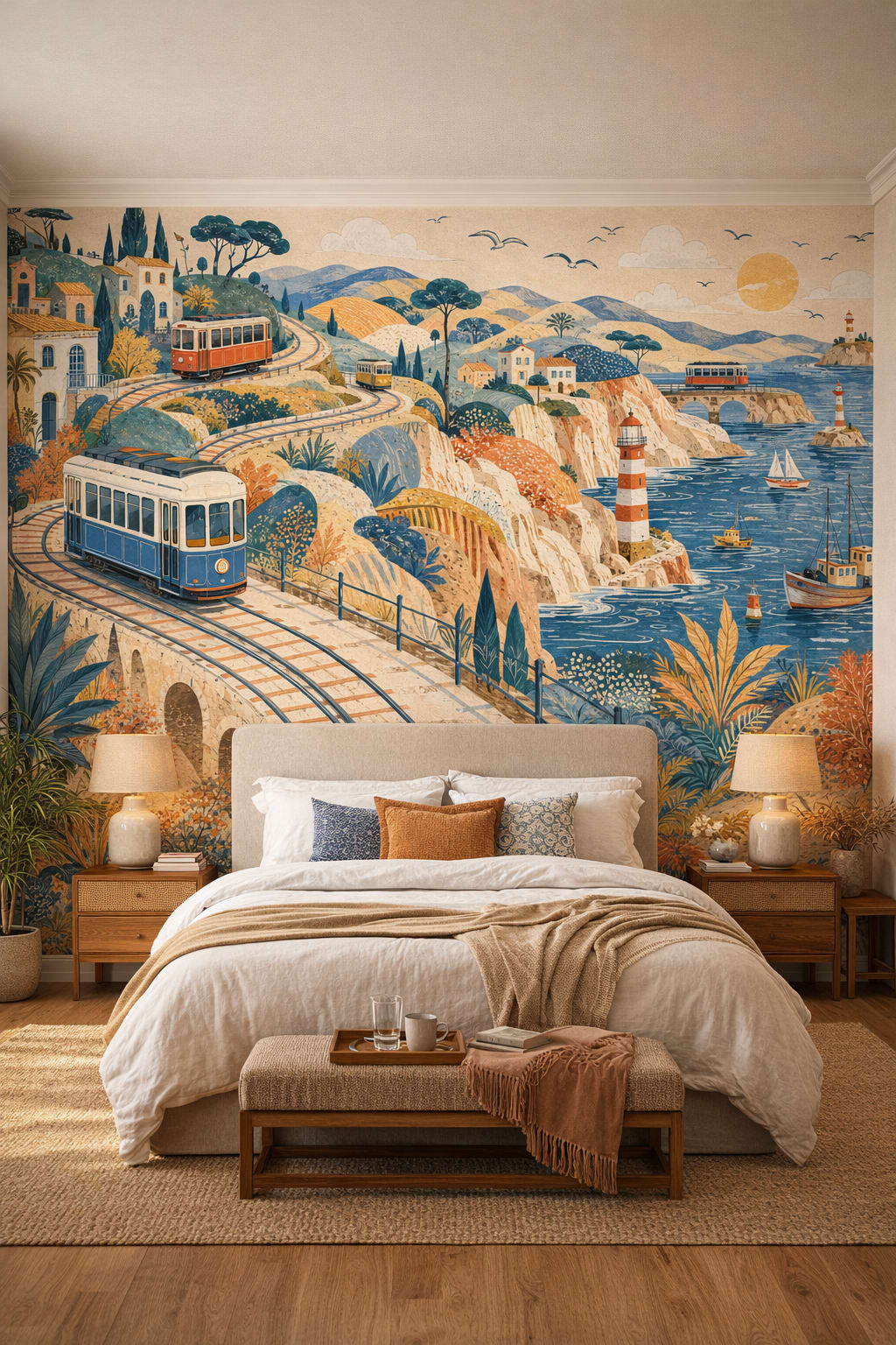 Resort Style sand coastal trains featuring lighthouses - Wall Mural Peel and Stick Wallpaper for Resort Style Master Bedroom.