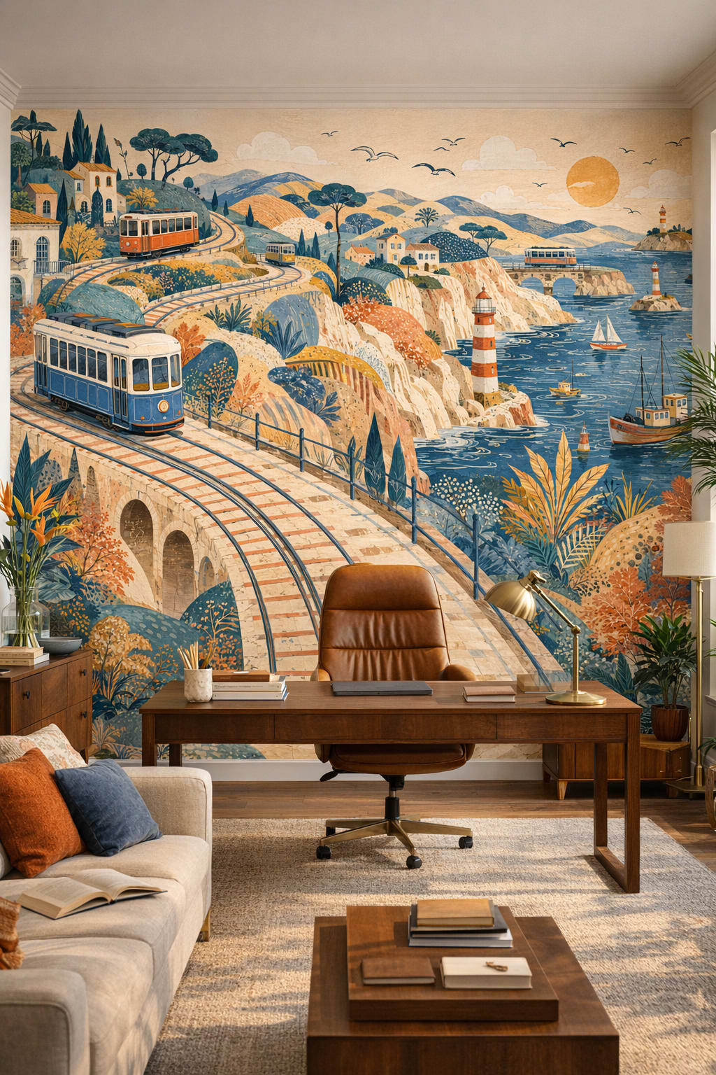 Biophilic green coastal trains featuring lighthouses - Wall Mural Peel and Stick Wallpaper for Biophilic Design Executive Home Office.