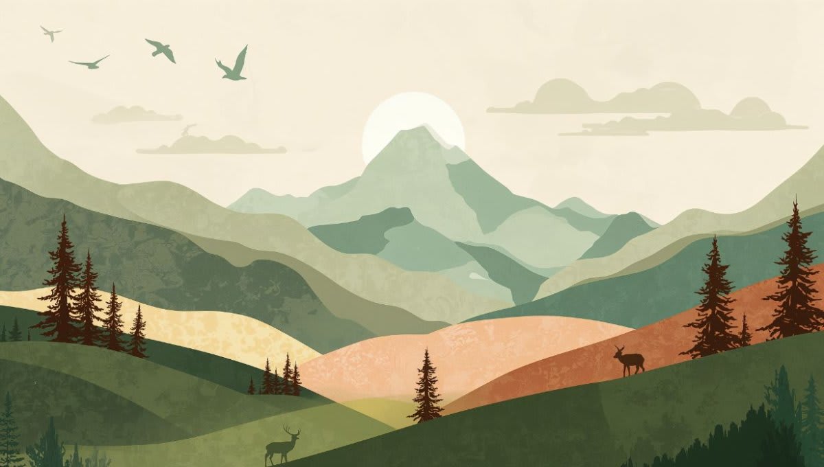 Serene airy Sage Green mountain landscape featuring pine trees and deer - Wall Mural & Peel and Stick Wallpaper for Scandi Interiors and Premium Home Styling.