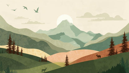 Serene airy Sage Green mountain landscape featuring pine trees and deer - Wall Mural & Peel and Stick Wallpaper for Scandi Interiors and Premium Home Styling.