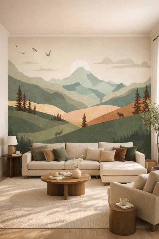 Cream olive Organic Modern mountain landscape featuring pine trees - Wall Mural Peel and Stick Wallpaper for Organic Modern Living Room.