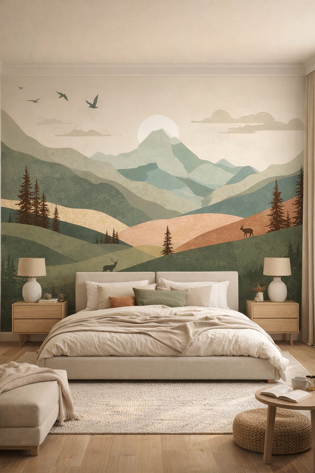 Japandi sand-toned mountain landscape featuring birds - Wall Mural Peel and Stick Wallpaper for Japandi Master Bedroom.