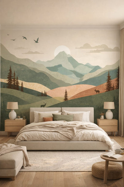 Japandi sand-toned mountain landscape featuring birds - Wall Mural Peel and Stick Wallpaper for Japandi Master Bedroom.