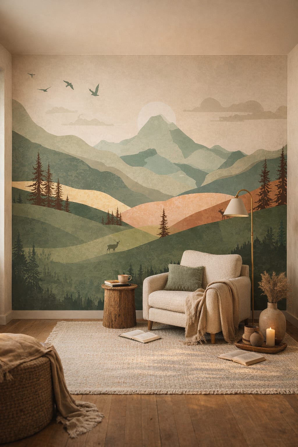 Wabi-sabi muted-earth mountain landscape featuring pine trees - Wall Mural Peel and Stick Wallpaper for Wabi-sabi Reading Nook.