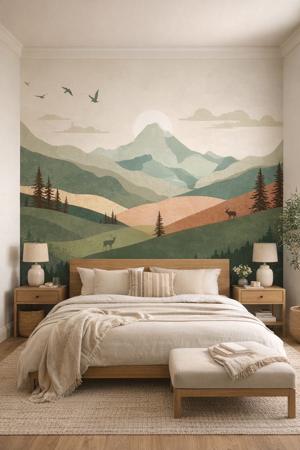 Scandinavian white-gray mountain landscape featuring pine trees - Wall Mural Peel and Stick Wallpaper for Scandinavian Guest Bedroom.