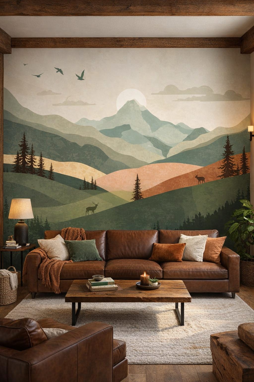 Rustic Modern sand-toned mountain landscape featuring pine trees - Wall Mural Peel and Stick Wallpaper for Rustic Modern Mountain Home Den.