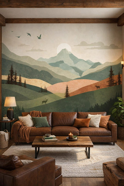 Rustic Modern sand-toned mountain landscape featuring pine trees - Wall Mural Peel and Stick Wallpaper for Rustic Modern Mountain Home Den.