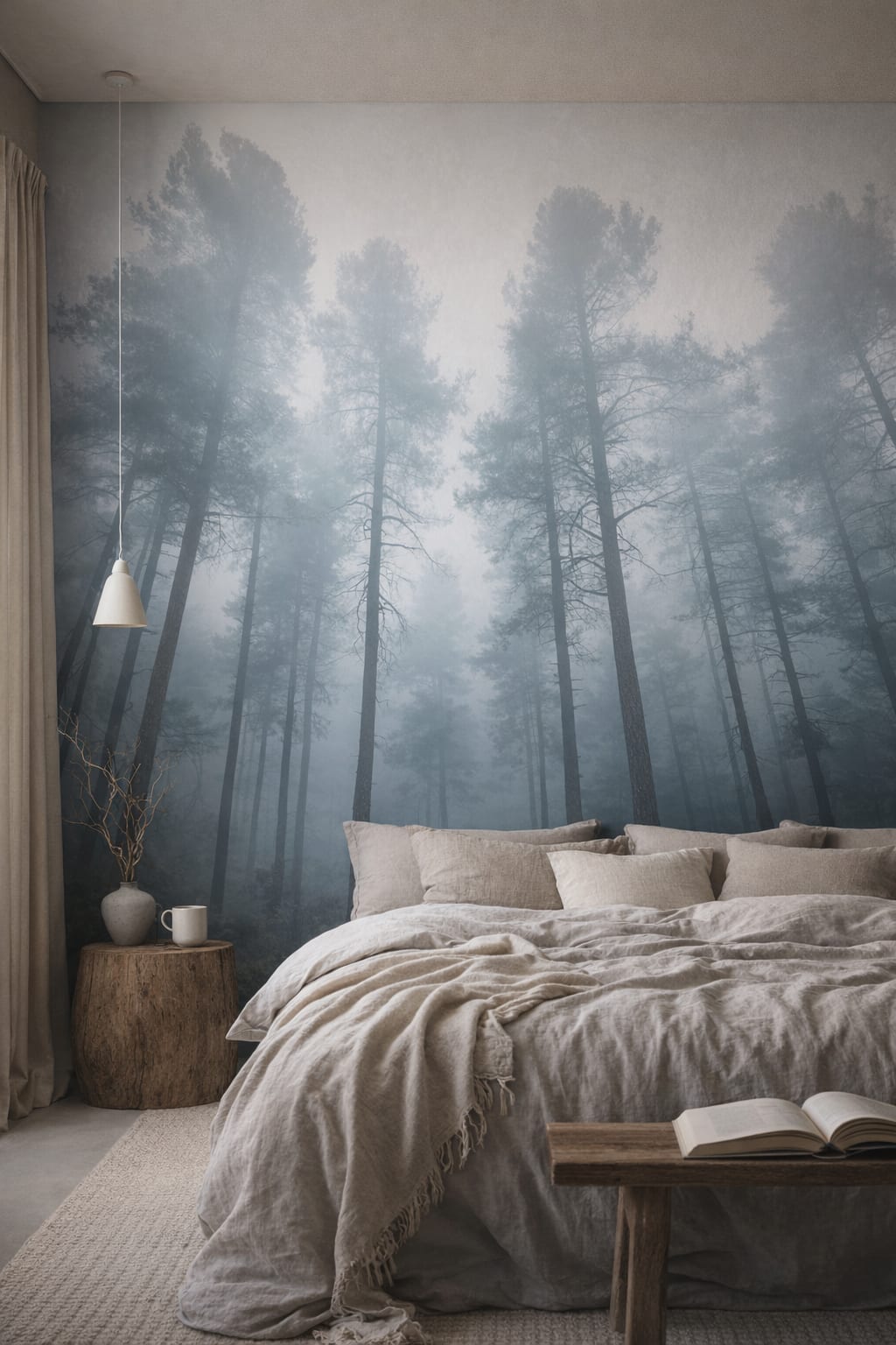 Wabi-sabi muted earth tones misty forest featuring fog - Wall Mural Peel and Stick Wallpaper for Wabi-sabi Master Bedroom.