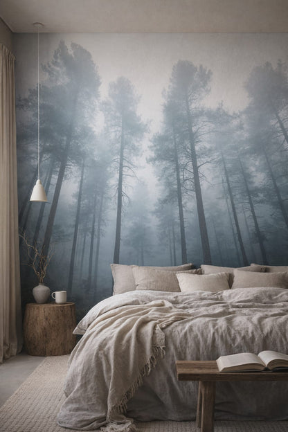 Wabi-sabi muted earth tones misty forest featuring fog - Wall Mural Peel and Stick Wallpaper for Wabi-sabi Master Bedroom.