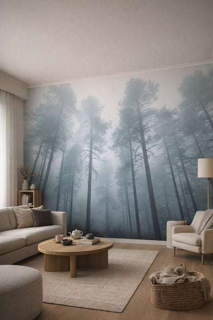 Sand-toned Japandi misty forest featuring fog - Wall Mural Peel and Stick Wallpaper for Japandi Living Room.