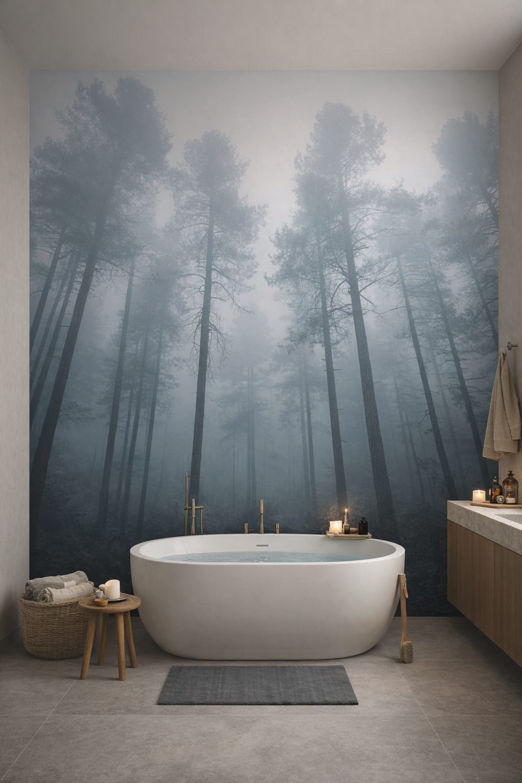 Zen neutral misty forest featuring fog - Wall Mural Peel and Stick Wallpaper for Zen Luxury Bathroom.