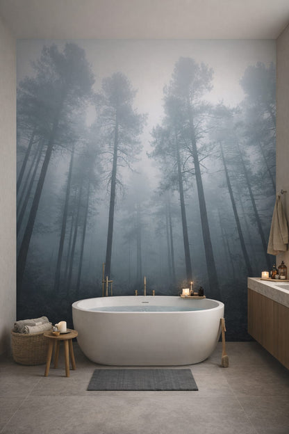 Zen neutral misty forest featuring fog - Wall Mural Peel and Stick Wallpaper for Zen Luxury Bathroom.