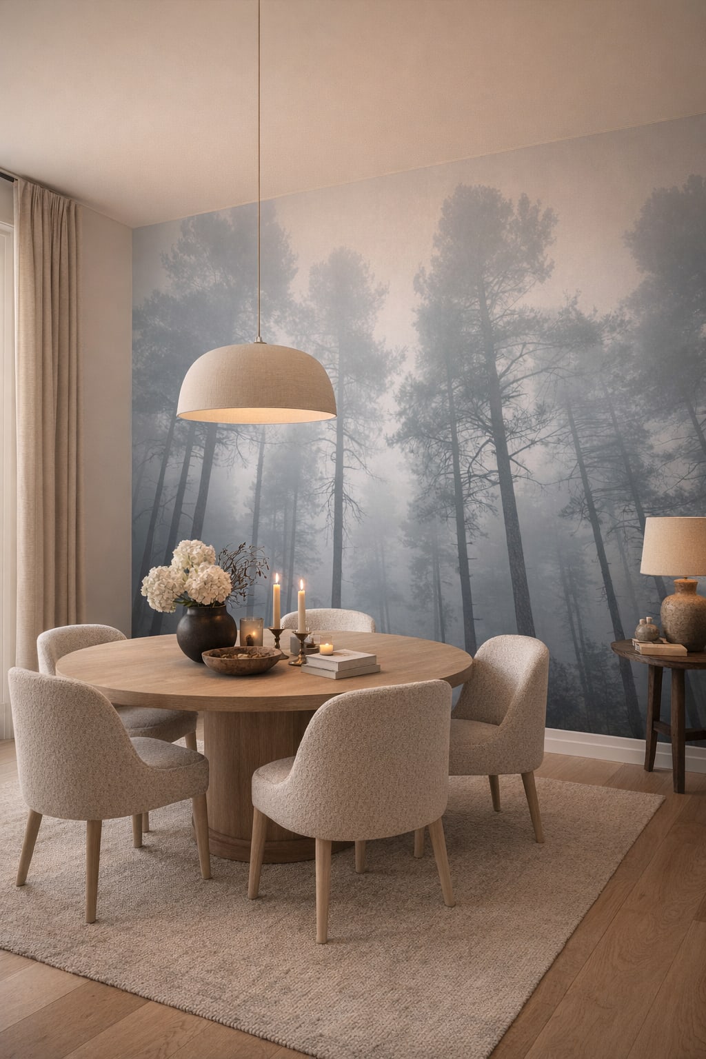Cream Organic Modern misty forest featuring fog - Wall Mural Peel and Stick Wallpaper for Organic Modern Dining Room.