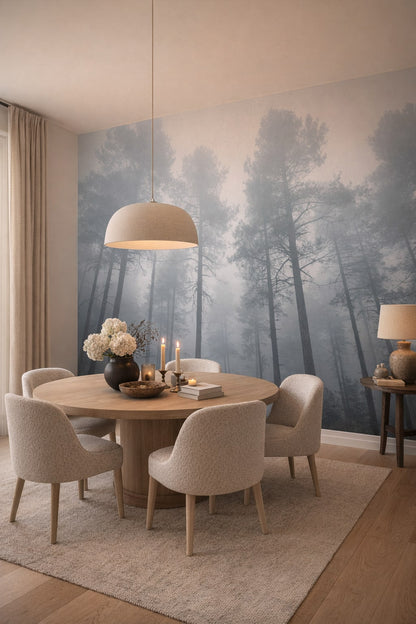 Cream Organic Modern misty forest featuring fog - Wall Mural Peel and Stick Wallpaper for Organic Modern Dining Room.