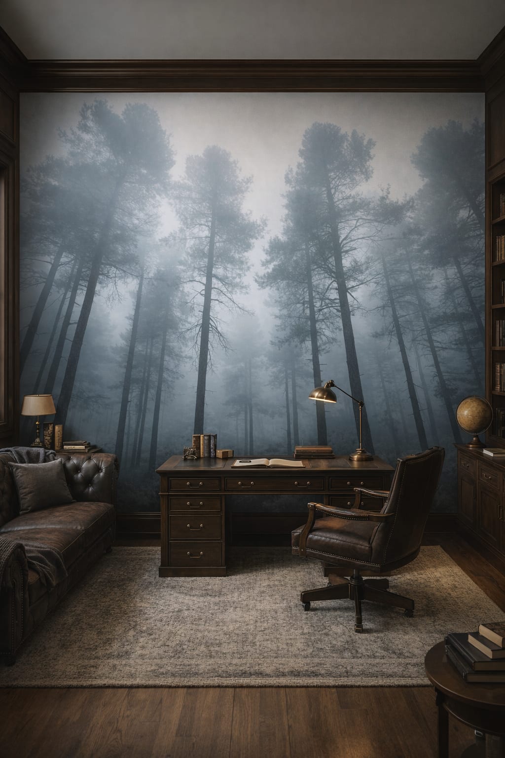 Dark Academia, deep green misty forest featuring fog - Wall Mural Peel and Stick Wallpaper for Dark Academia Executive Home Office.