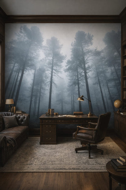 Dark Academia, deep green misty forest featuring fog - Wall Mural Peel and Stick Wallpaper for Dark Academia Executive Home Office.