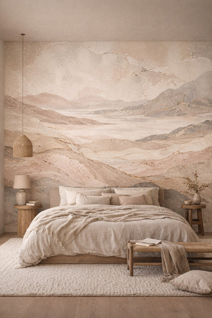 Wabi-sabi muted-earth-tone abstract marble - Wall Mural Peel and Stick Wallpaper for Wabi-sabi Master Bedroom.