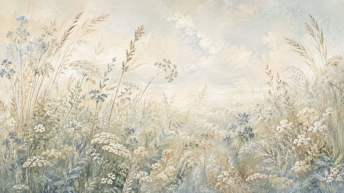 Airy watercolor Cream wildflower meadow featuring ornamental grasses - Wall Mural & Peel and Stick Wallpaper for Watercolor Interiors and Premium Home Styling