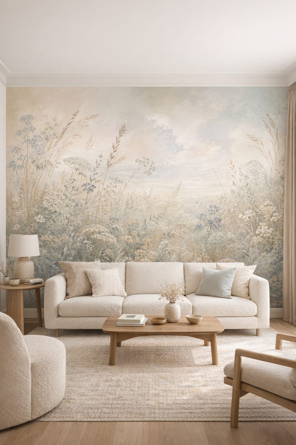 Organic Modern cream wildflower meadow featuring ornamental grasses - Wall Mural Peel and Stick Wallpaper for Organic Modern Living Room.