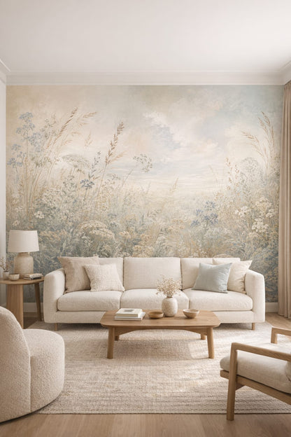 Organic Modern cream wildflower meadow featuring ornamental grasses - Wall Mural Peel and Stick Wallpaper for Organic Modern Living Room.