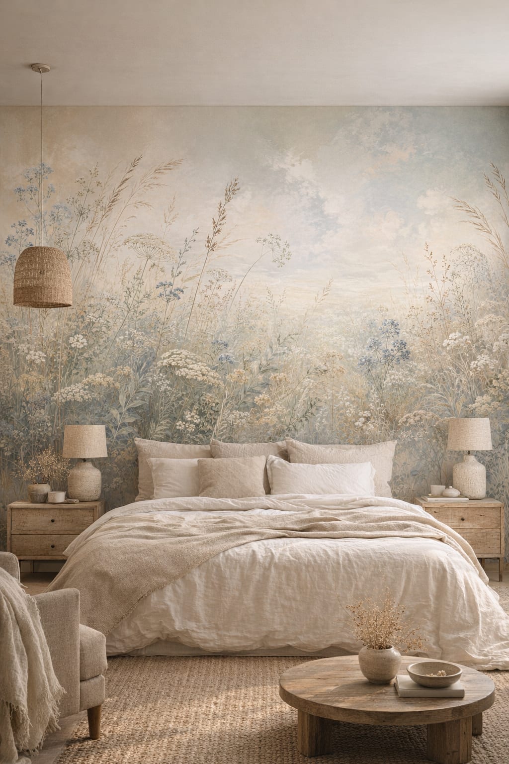 Muted earth-tone Wabi-sabi wildflower meadow featuring ornamental grasses - Wall Mural Peel and Stick Wallpaper for Wabi-sabi Master Bedroom.