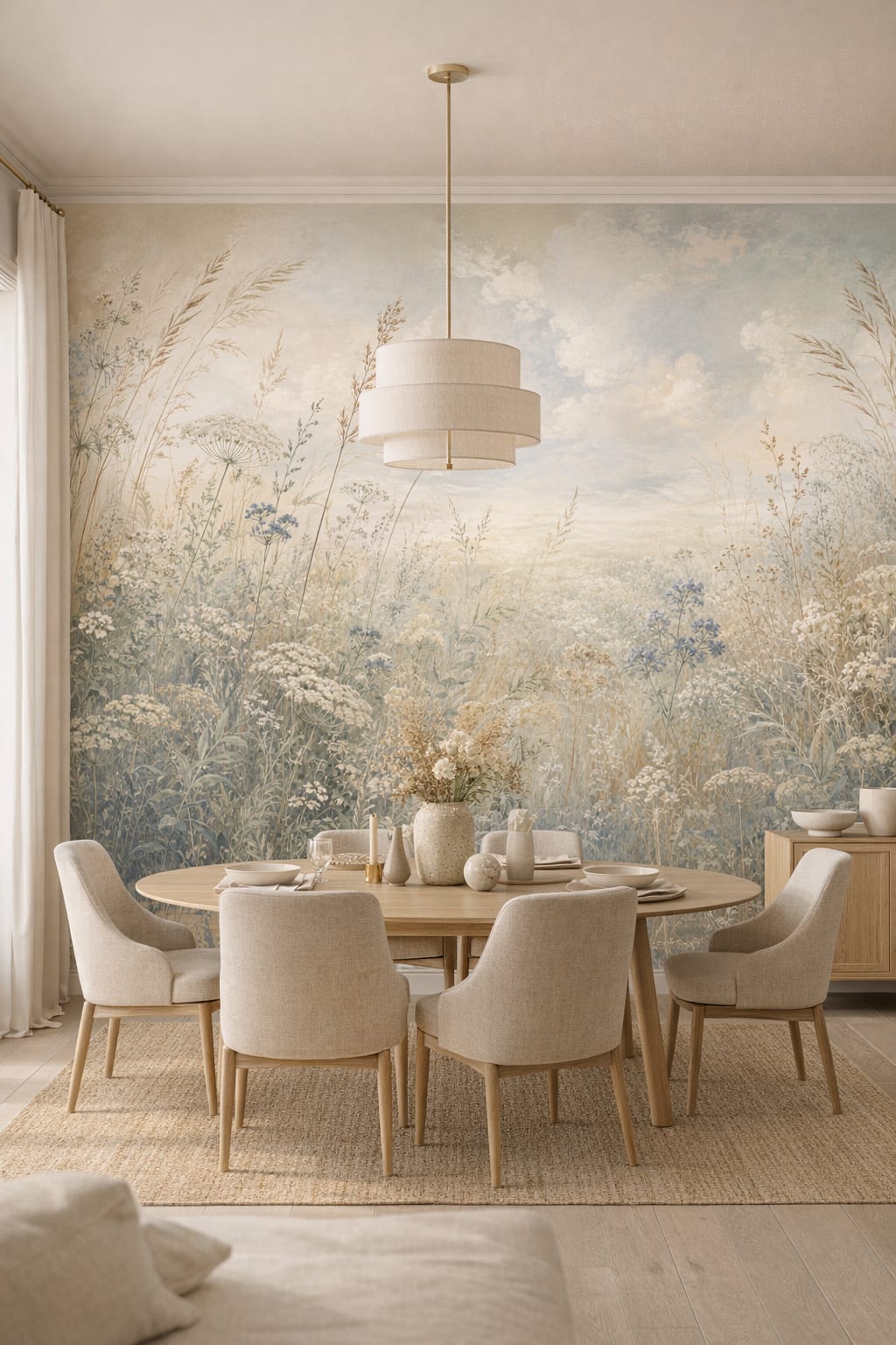 Scandinavian white-gray wildflower meadow featuring ornamental grasses - Wall Mural Peel and Stick Wallpaper for Scandinavian Formal Dining Room.