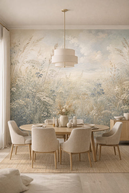Scandinavian white-gray wildflower meadow featuring ornamental grasses - Wall Mural Peel and Stick Wallpaper for Scandinavian Formal Dining Room.