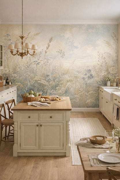 Beige blue wildflower meadow featuring ornamental grasses - Wall Mural Peel and Stick Wallpaper for French Country High-end Kitchen.