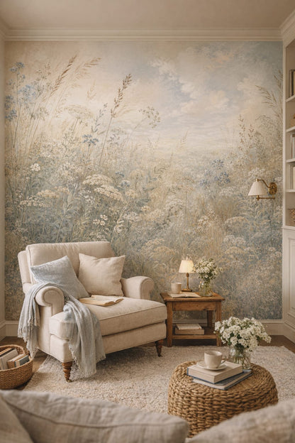 Green cream wildflower meadow featuring ornamental grasses - Wall Mural Peel and Stick Wallpaper for English Cottage Reading Corner.