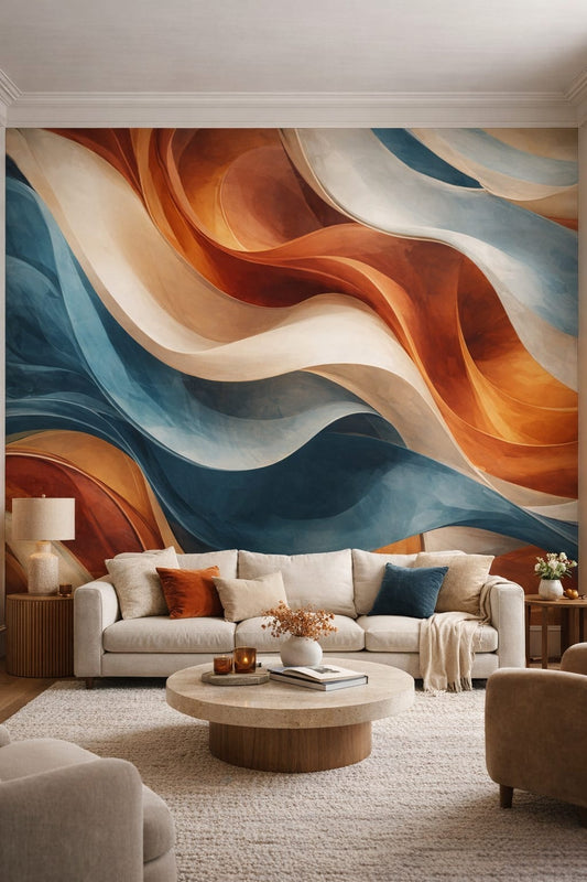 Luxury Contemporary neutral-toned abstract fluid waves - Wall Mural Peel and Stick Wallpaper for Luxury Contemporary Living Room.