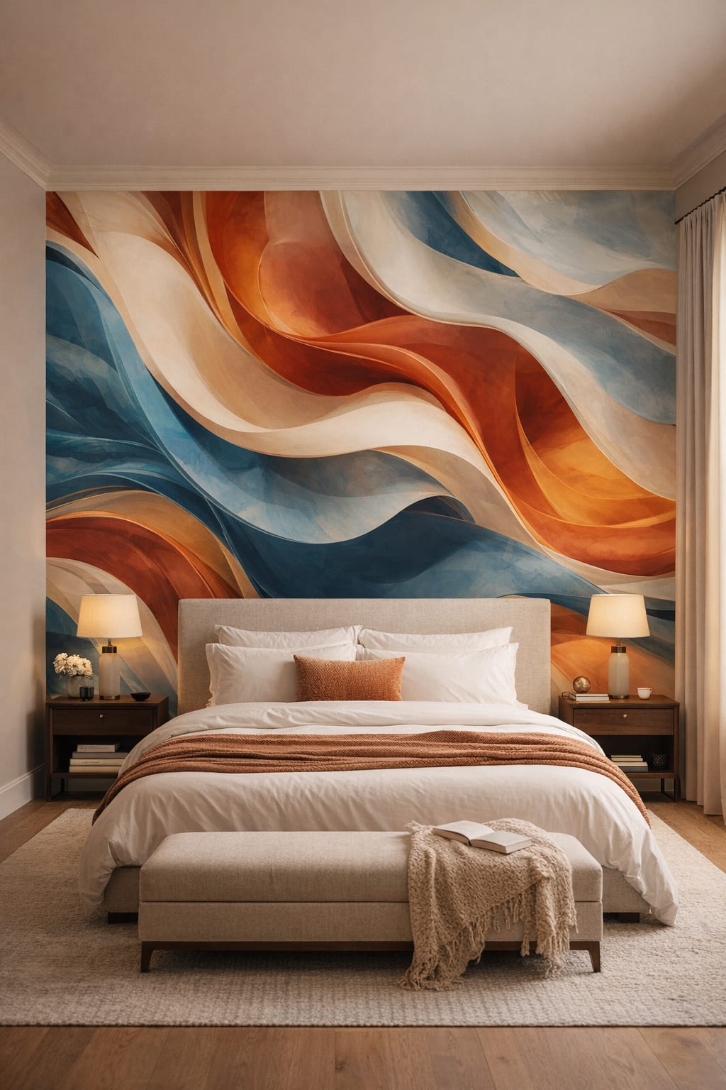 Quiet Luxury greige - abstract fluid waves - Wall Mural Peel and Stick Wallpaper for Quiet Luxury Master Bedroom.