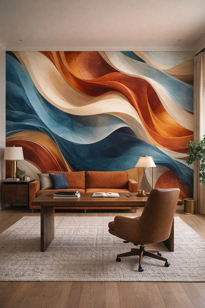 Modern (Modernist), monochrome abstract fluid waves - Wall Mural Peel and Stick Wallpaper for Modern (Modernist) Executive Home Office.