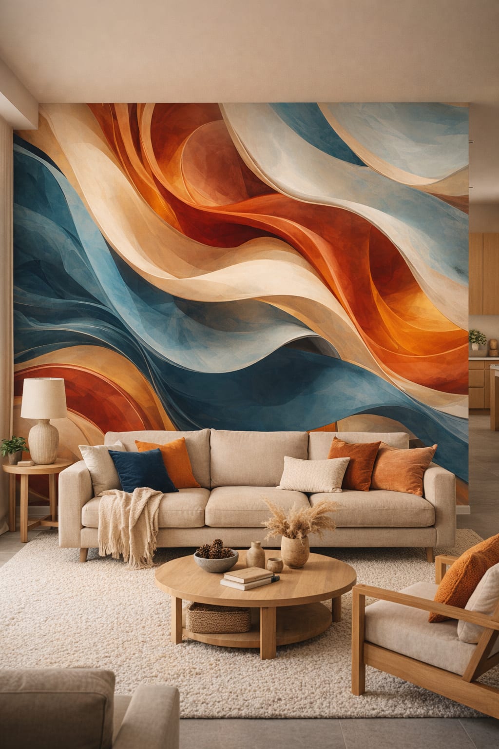 Organic Modern cream-sand abstract fluid waves - Wall Mural Peel and Stick Wallpaper for Organic Modern Open-Plan Family Room.