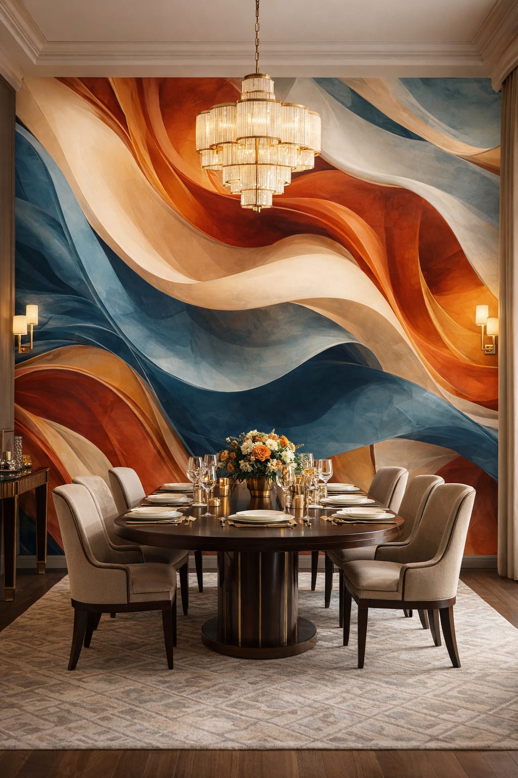 Art Deco gold-toned abstract fluid waves - Wall Mural Peel and Stick Wallpaper for Art Deco Formal Dining Room.