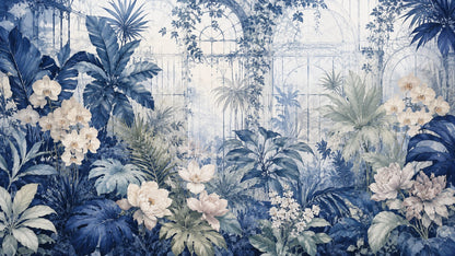 Lush illustrative Porcelain Blue tropical botanicals featuring orchids and conservatory arches - Wall Mural & Peel and Stick Wallpaper for Illustrated Interiors and Premium Home Styling