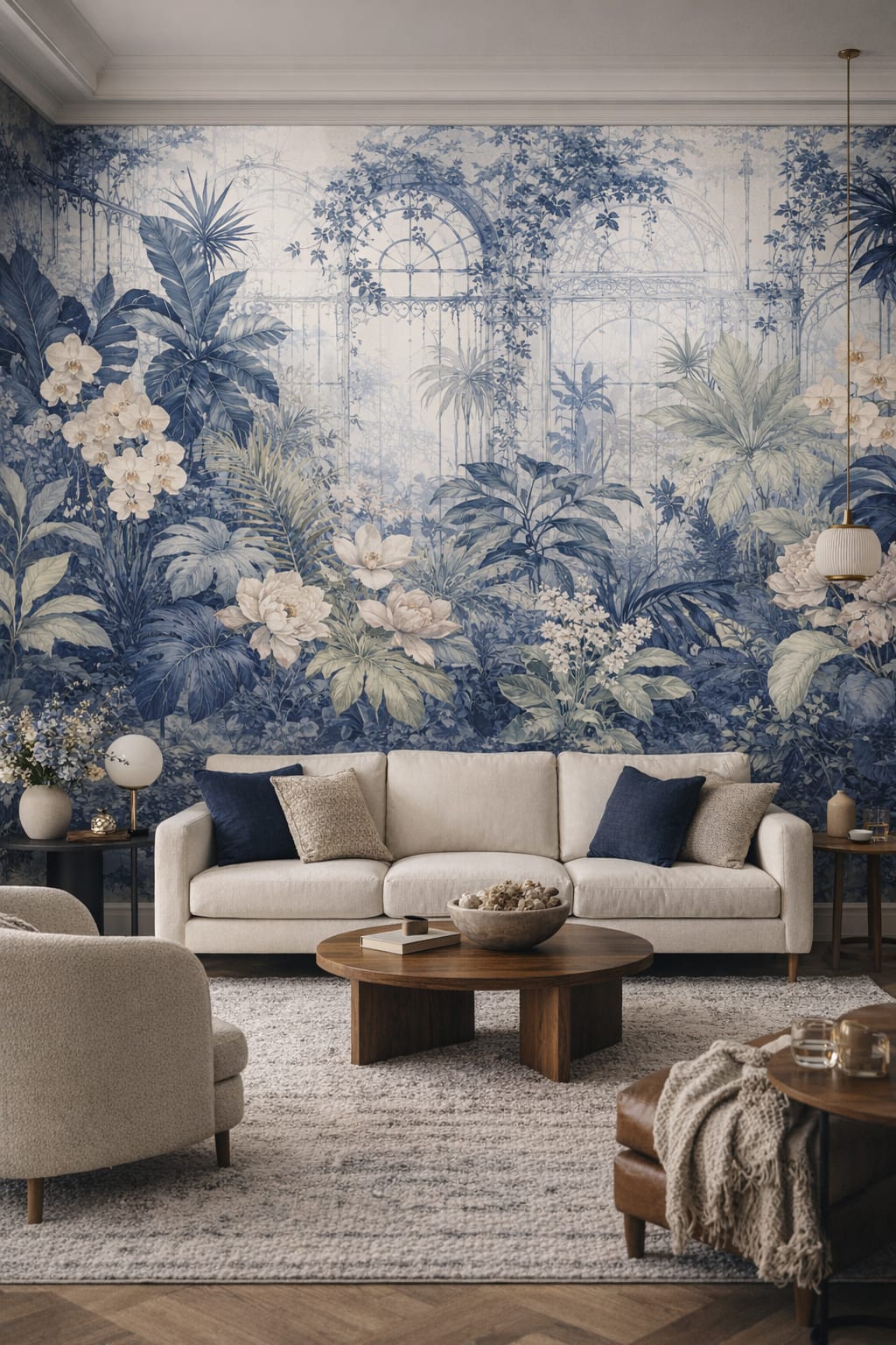 Cream Organic Modern tropical botanicals featuring orchids - Wall Mural Peel and Stick Wallpaper for Organic Modern Living Room.