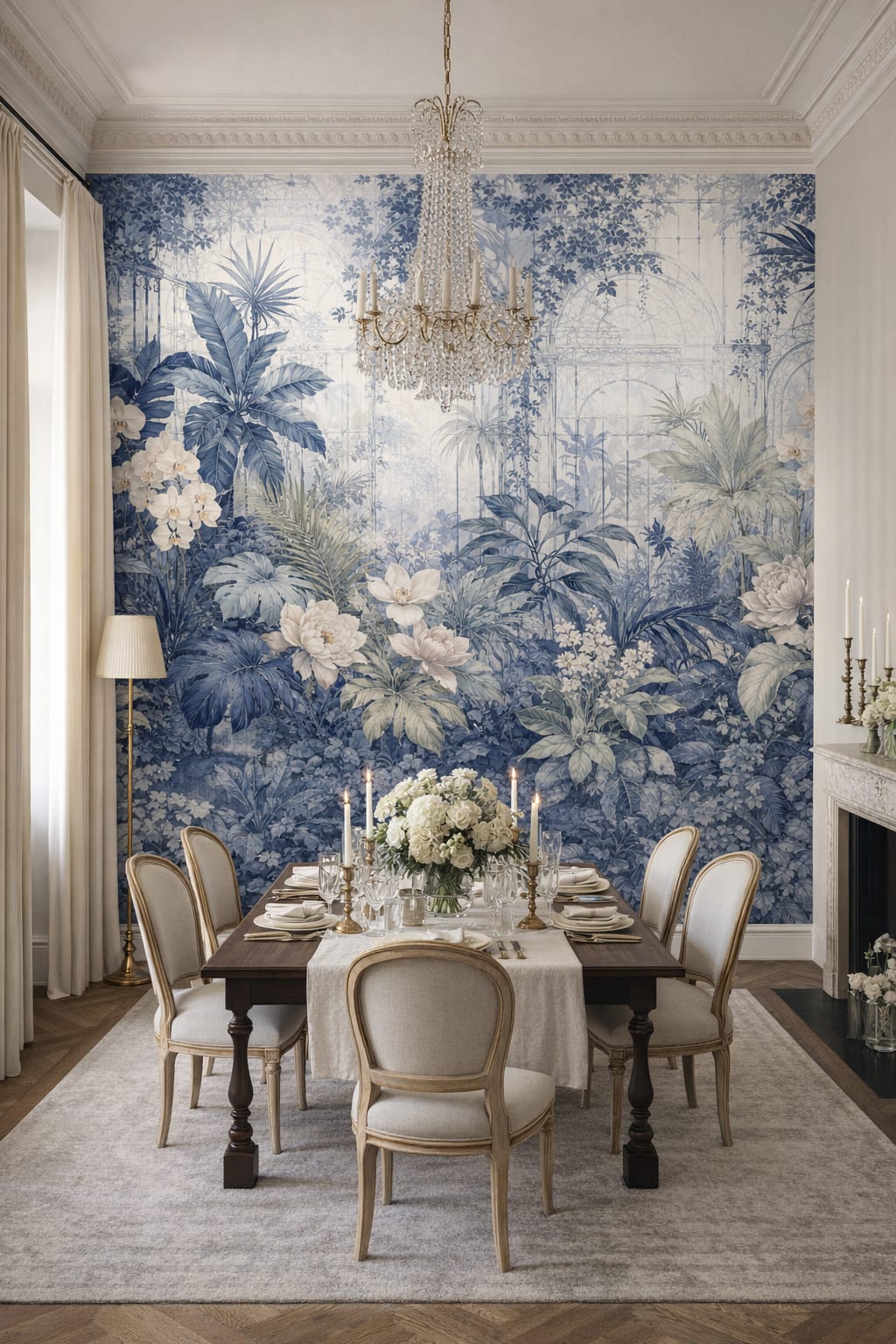 Parisian gold tropical botanicals featuring orchids - Wall Mural Peel and Stick Wallpaper for Parisian Formal Dining Room.