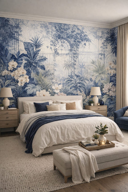 Modern white tropical botanicals featuring orchids - Wall Mural Peel and Stick Wallpaper for Tropical Modern Master Bedroom.