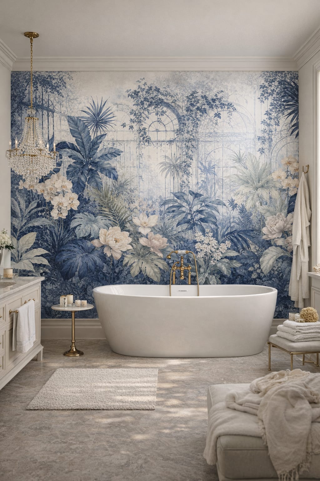 Blue-white Chinoiserie tropical botanicals featuring orchids - Wall Mural Peel and Stick Wallpaper for Chinoiserie Luxury Bathroom.