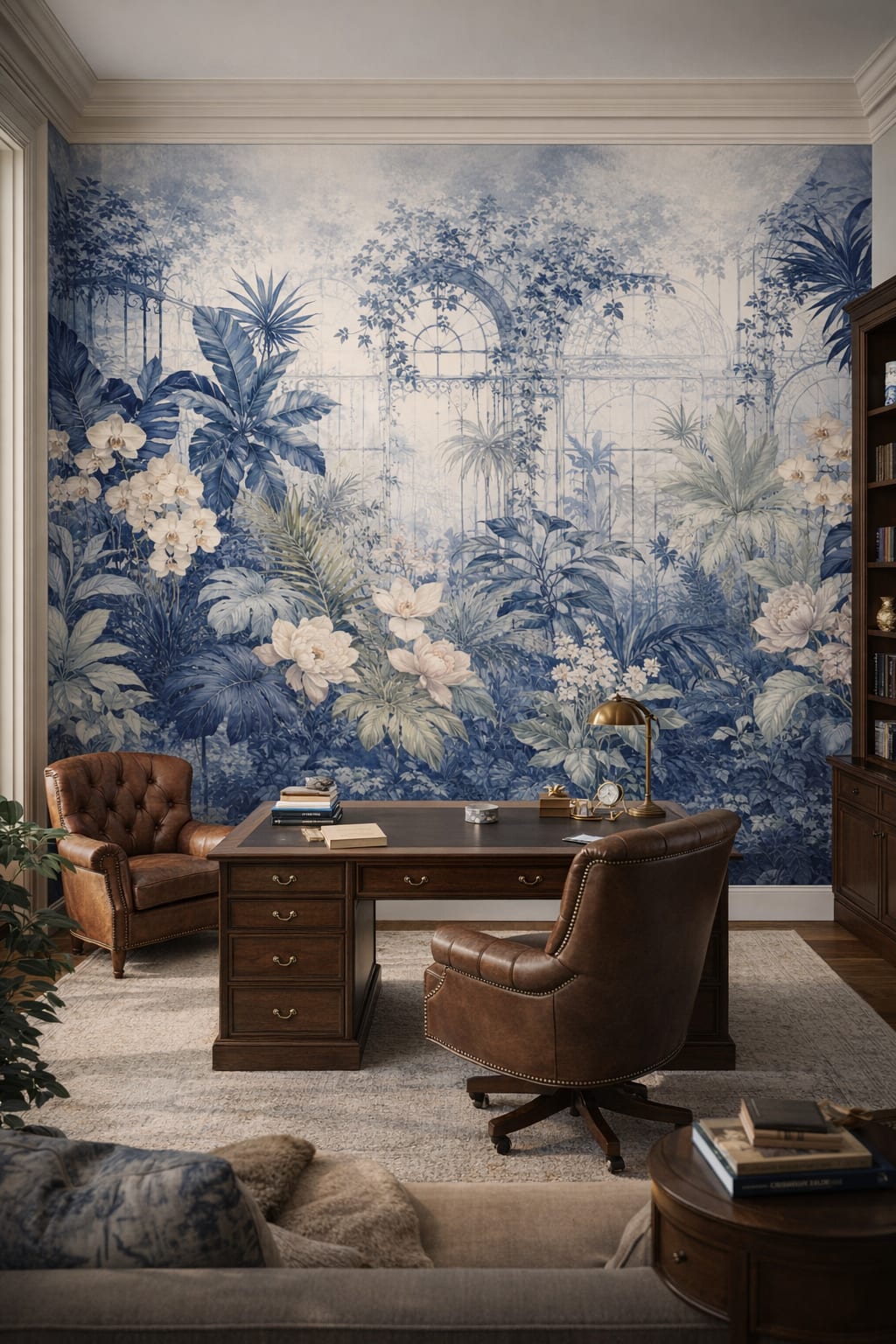 Art Nouveau cream-toned tropical botanicals featuring orchids - Wall Mural Peel and Stick Wallpaper for Art Nouveau Executive Home Office.