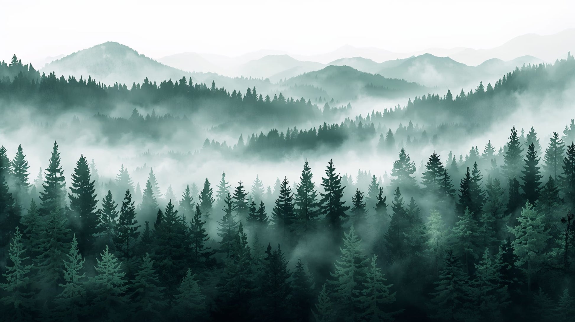 Atmospheric painterly Deep Green evergreen trees featuring mist and mountain landscape - Wall Mural & Peel and Stick Wallpaper for Painterly Interiors and Premium Home Styling